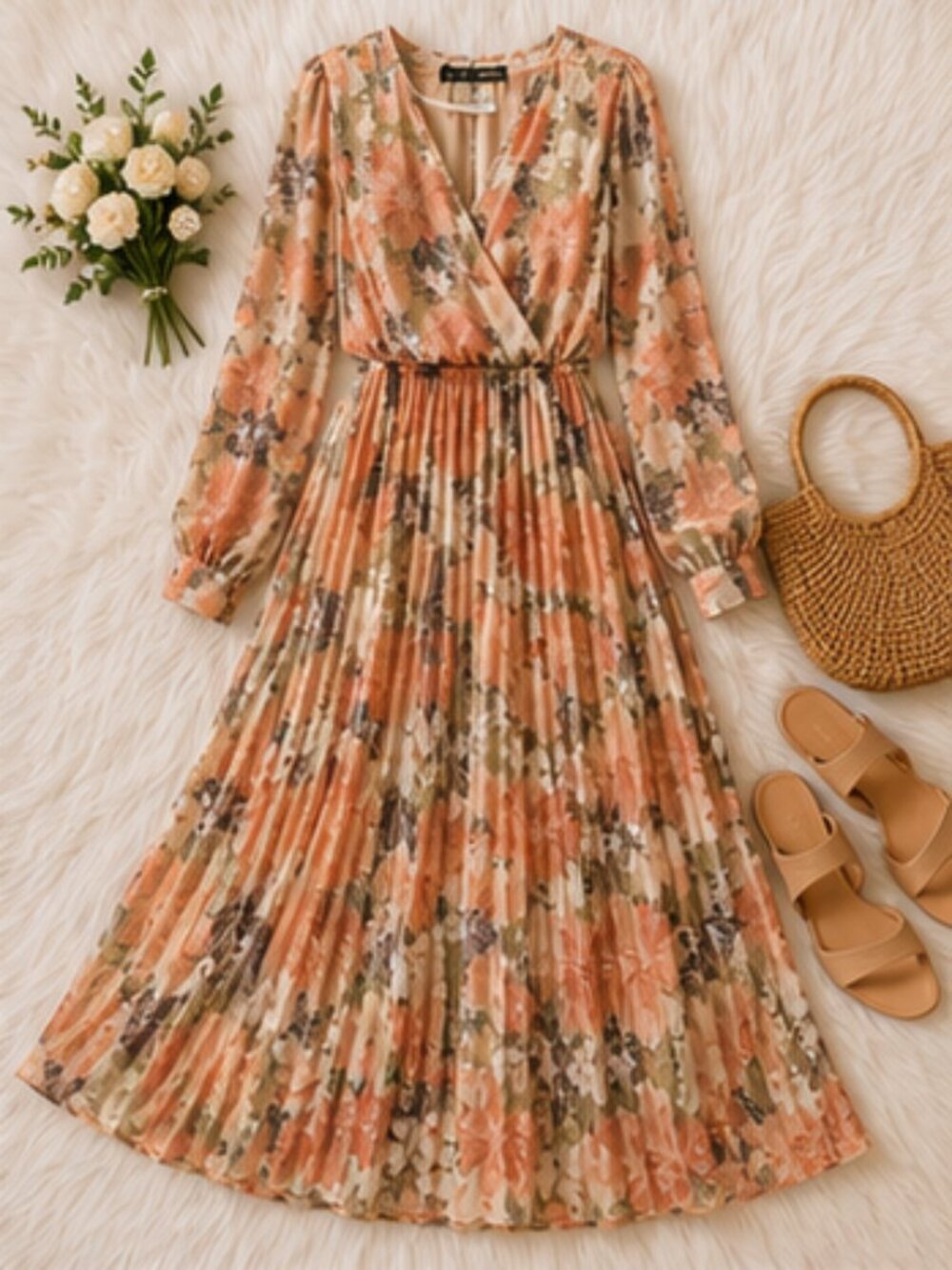 Floral Pleated Maxi Dress in Pink and Olive